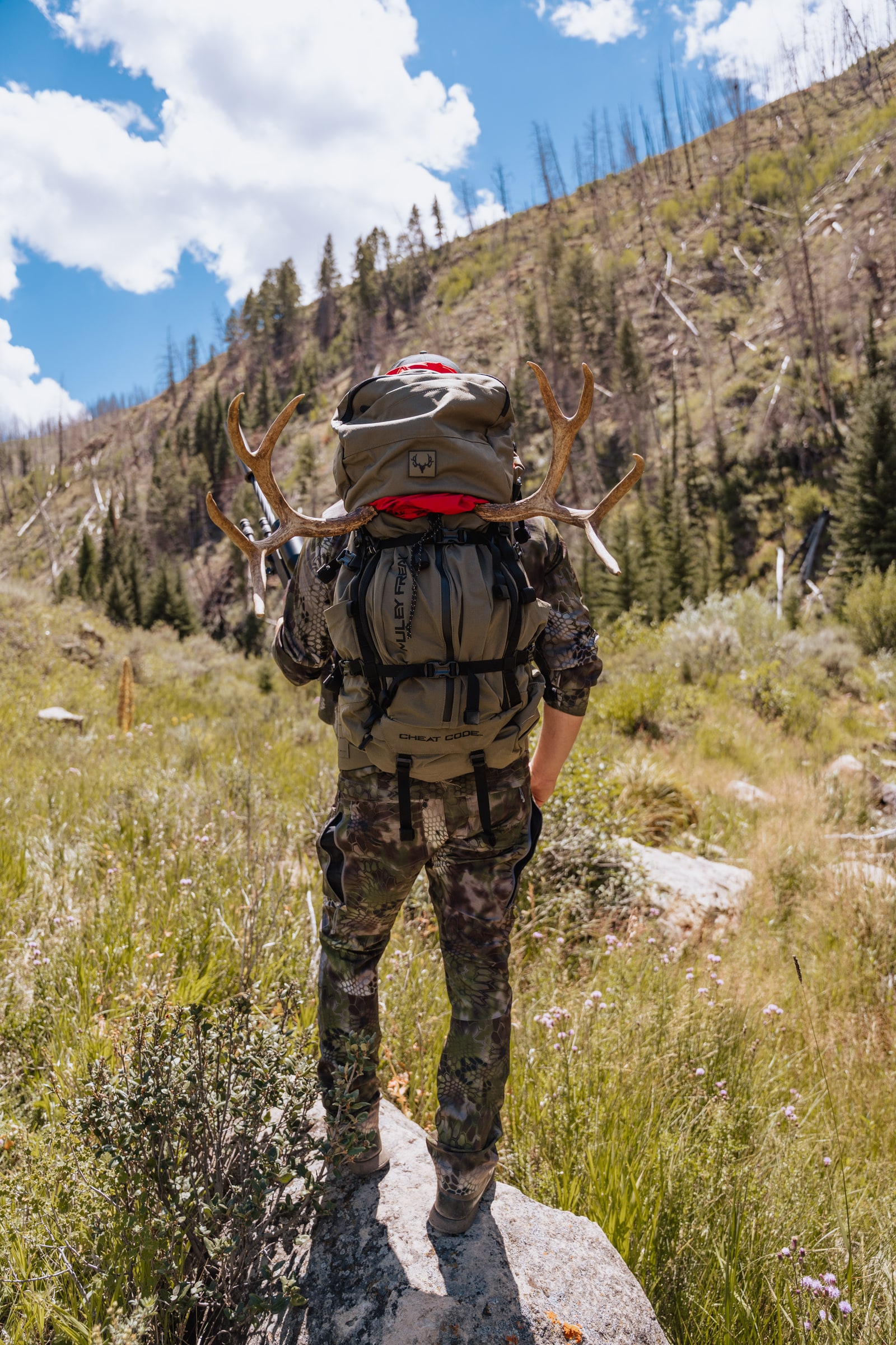 Hunter hiking into a mountain valley with a loaded pack
