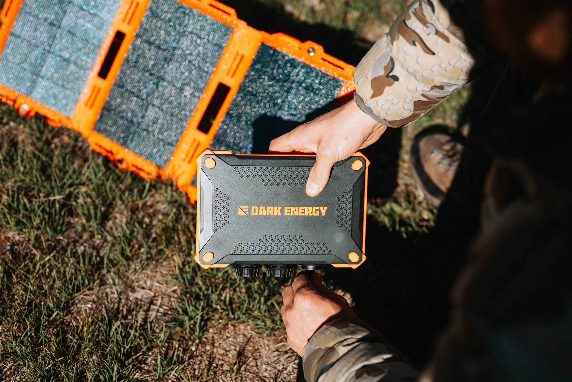 Outdoor power bank photographed in a field setting