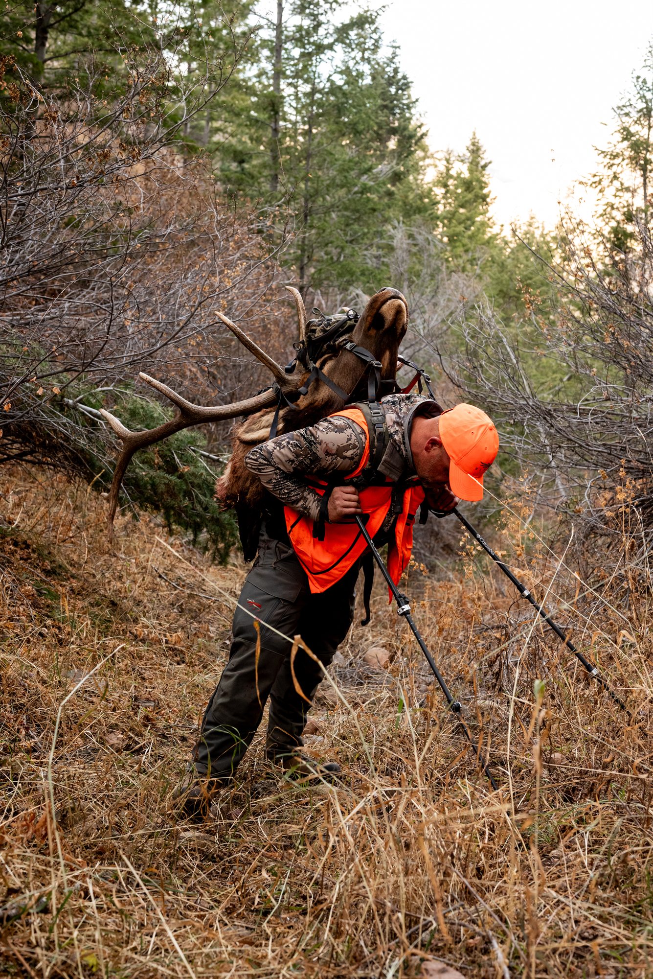 Hunter carrying gear through rugged terrain