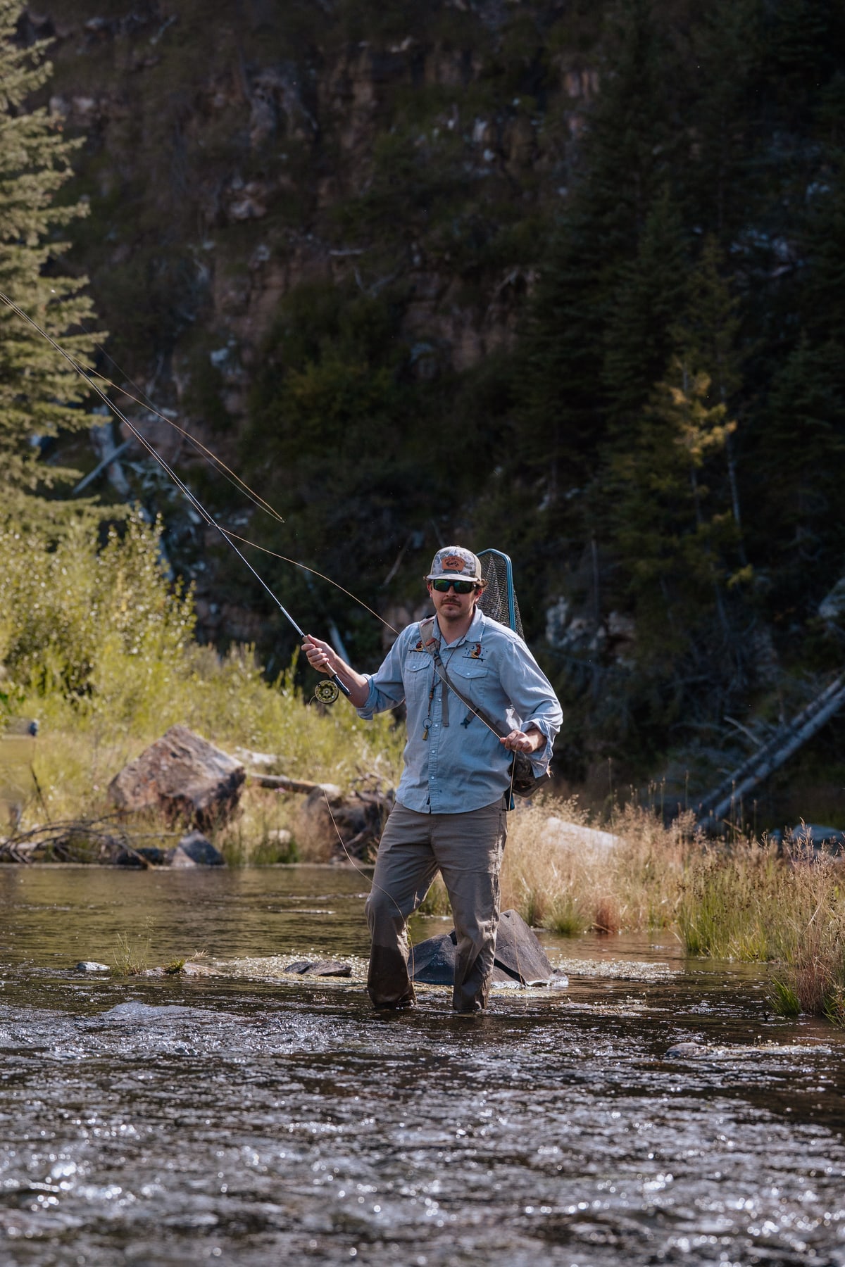Fly angler standing in a flowing river