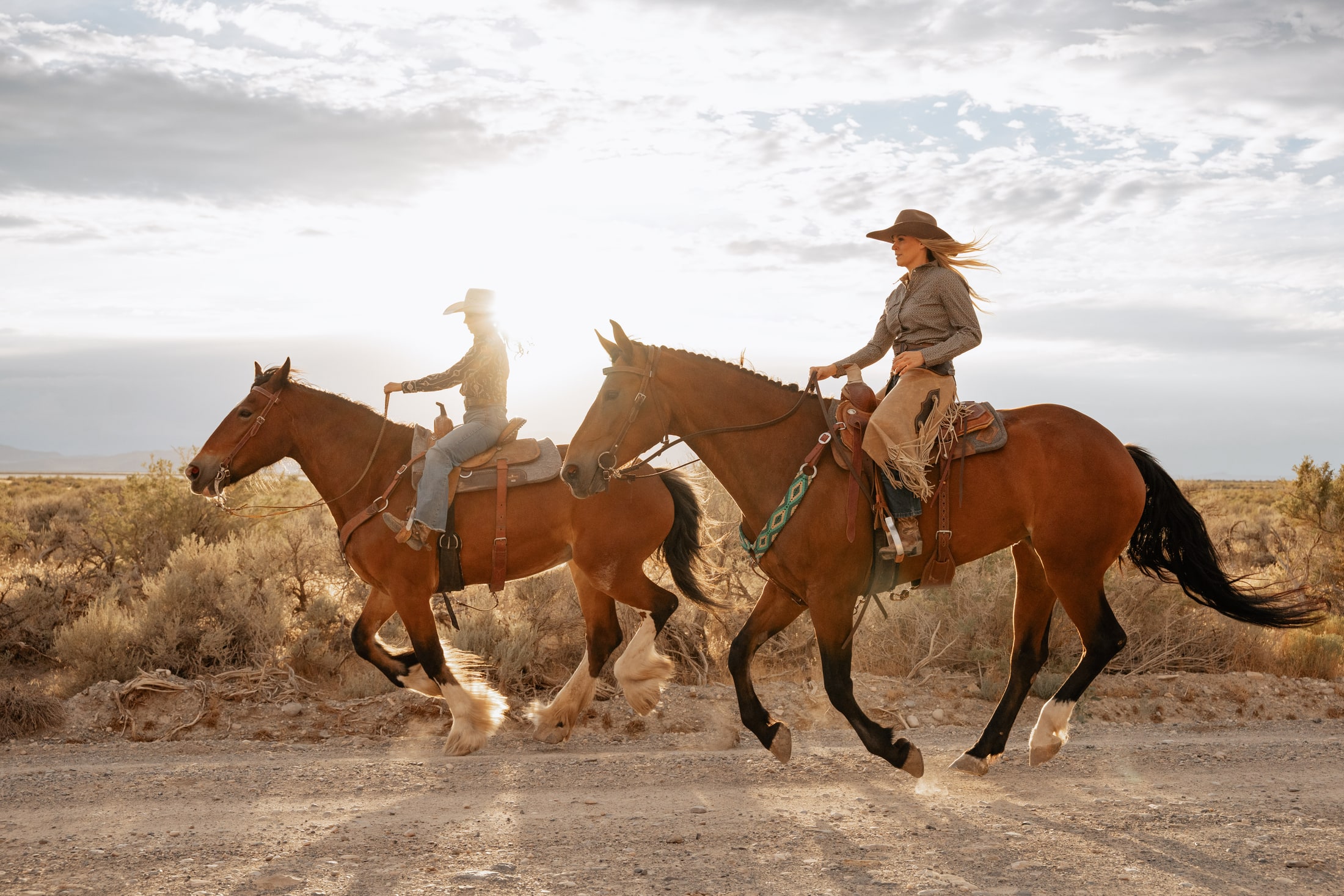 Two women riding horses across open country